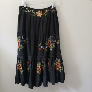 WD NY Womens Size 10 Embroidered Skirt Sequin Midi Gypsy Black Tiered Floral Zip